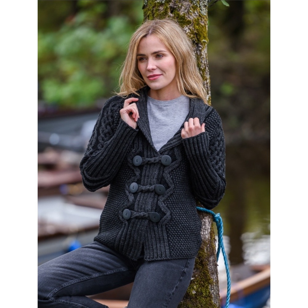 Aran Sweater Shawl Neck Merino Wool Cardigan Charcoal Gray Cable Knit L Ireland